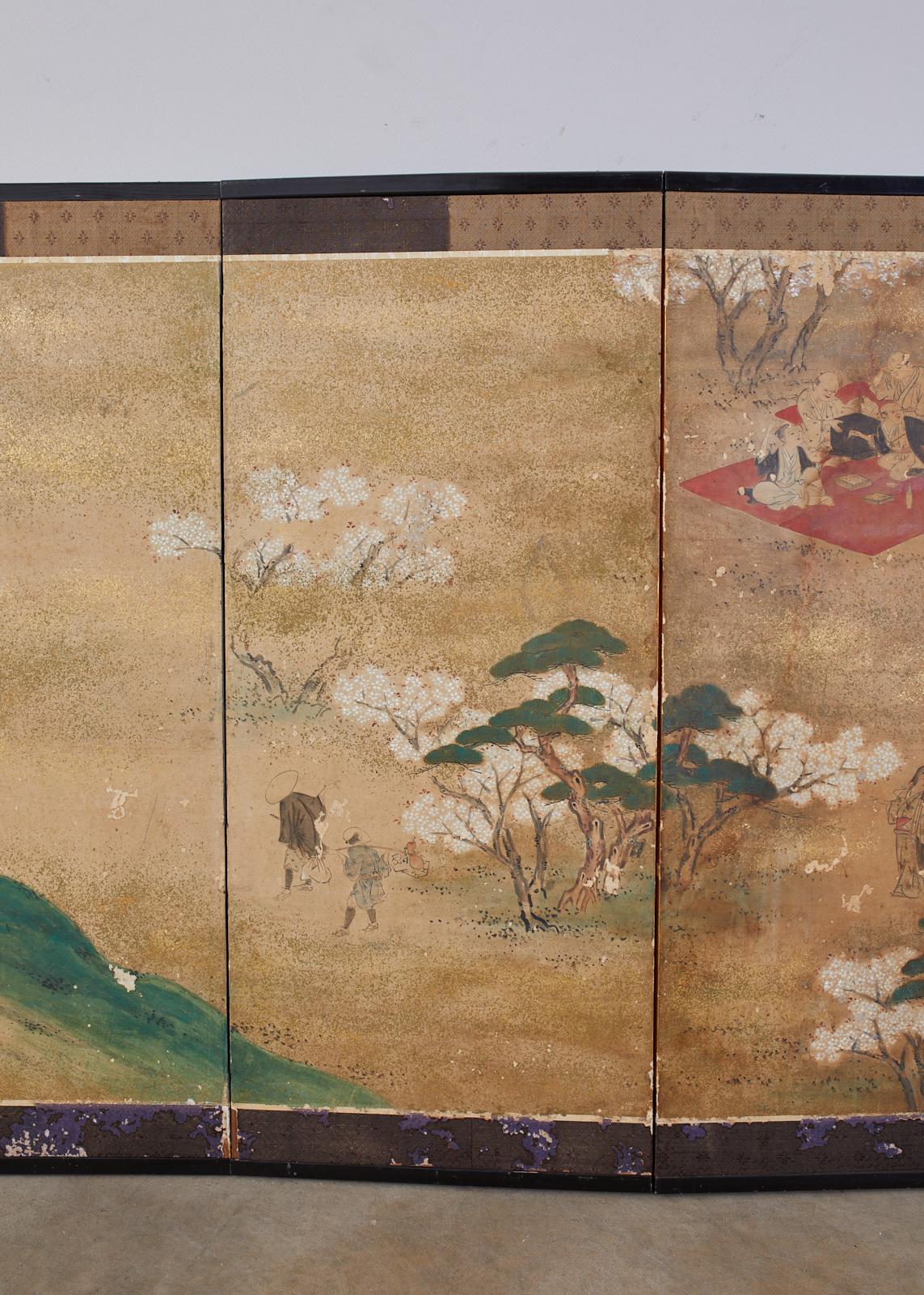 Hand-Crafted Japanese Edo Six-Panel Screen Feasting Under Cherry Blossoms