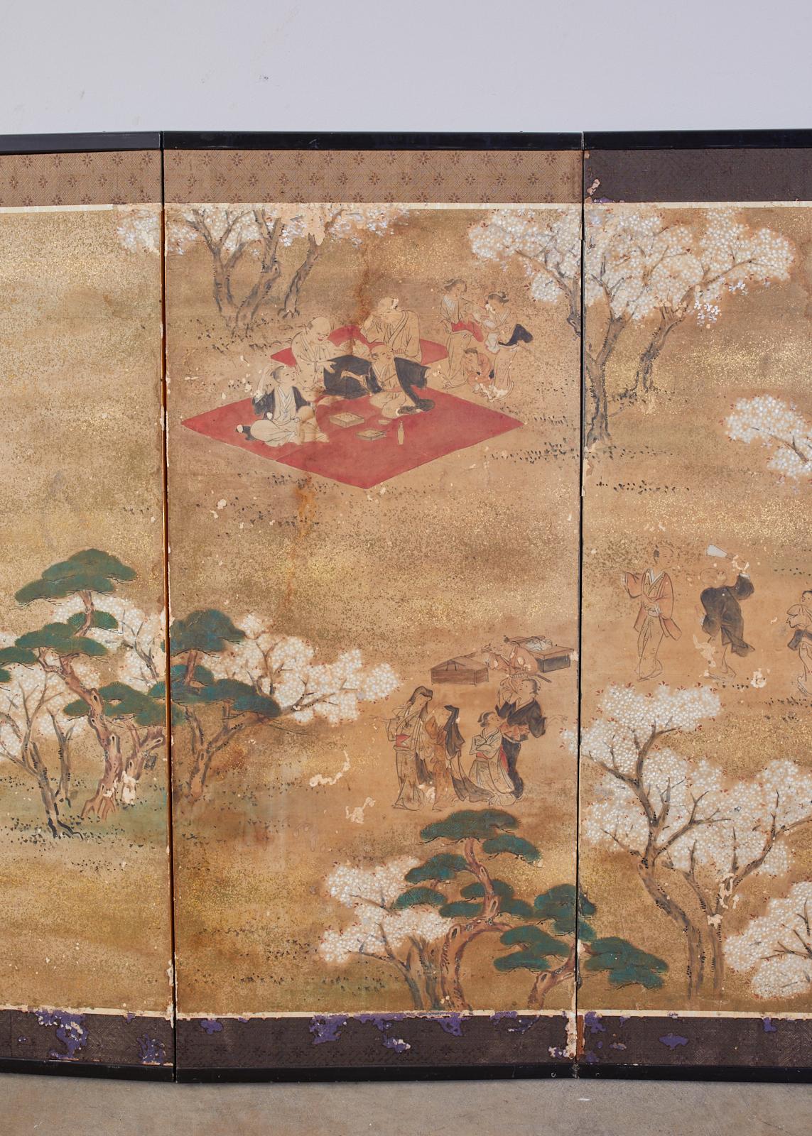 Japanese Edo Six-Panel Screen Feasting Under Cherry Blossoms In Fair Condition In Rio Vista, CA