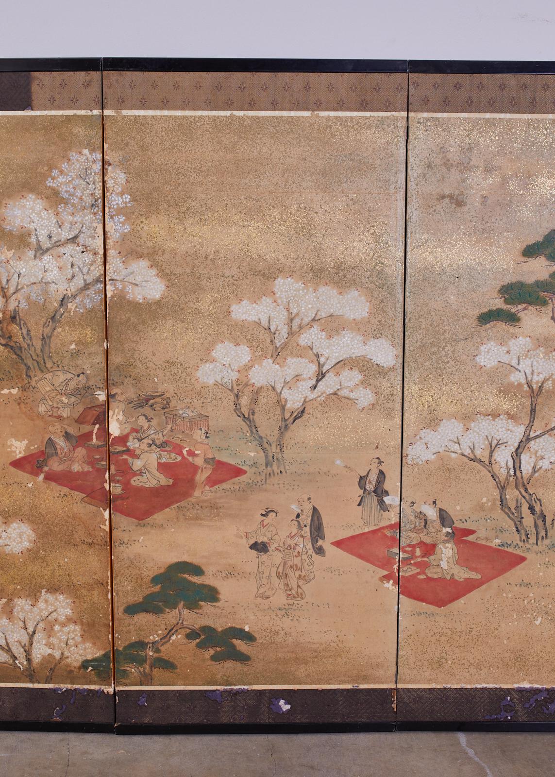 18th Century and Earlier Japanese Edo Six-Panel Screen Feasting Under Cherry Blossoms