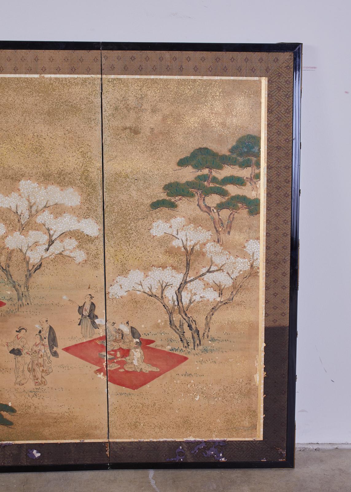 Brass Japanese Edo Six-Panel Screen Feasting Under Cherry Blossoms