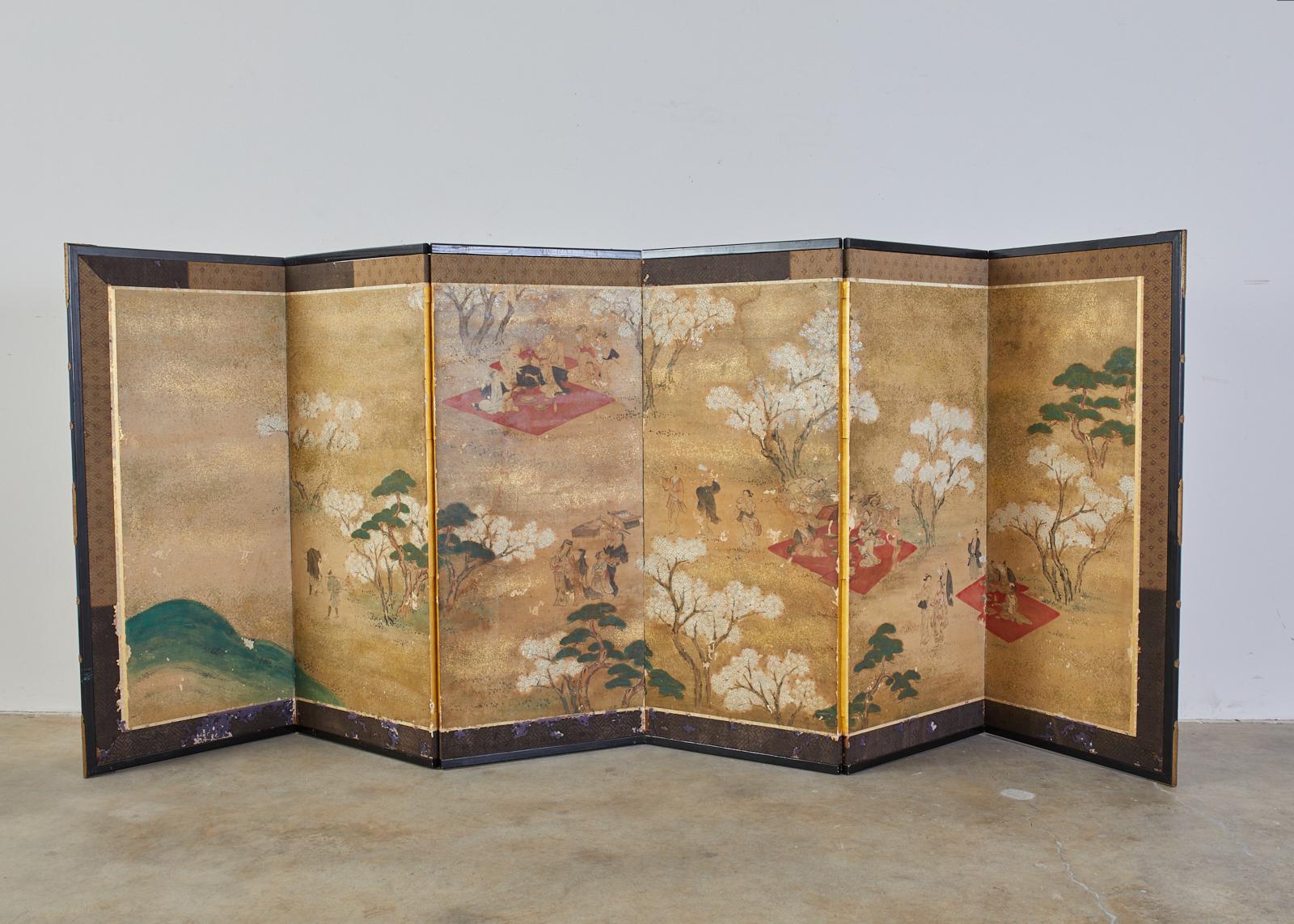 Japanese Edo Six-Panel Screen Feasting Under Cherry Blossoms 1