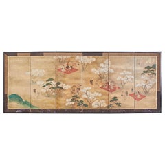 Japanese Edo Six-Panel Screen Feasting Under Cherry Blossoms
