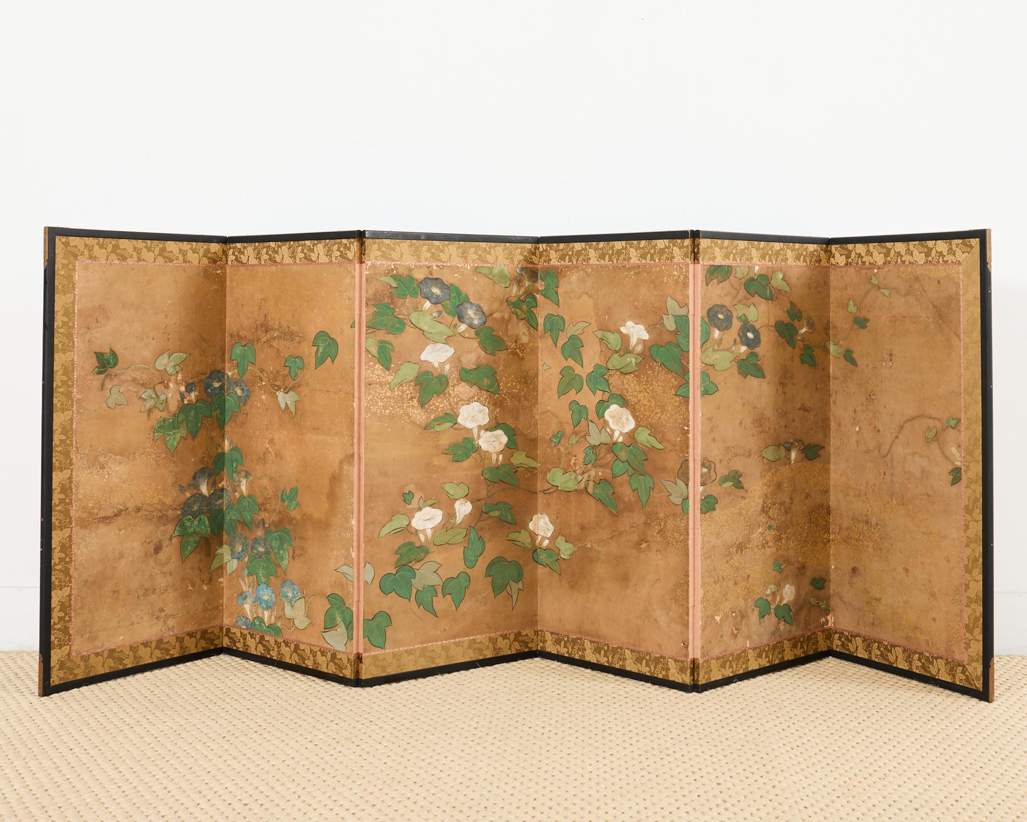 Biombo japonés Edo de seis paneles Floración Morning Glory Japonés en venta