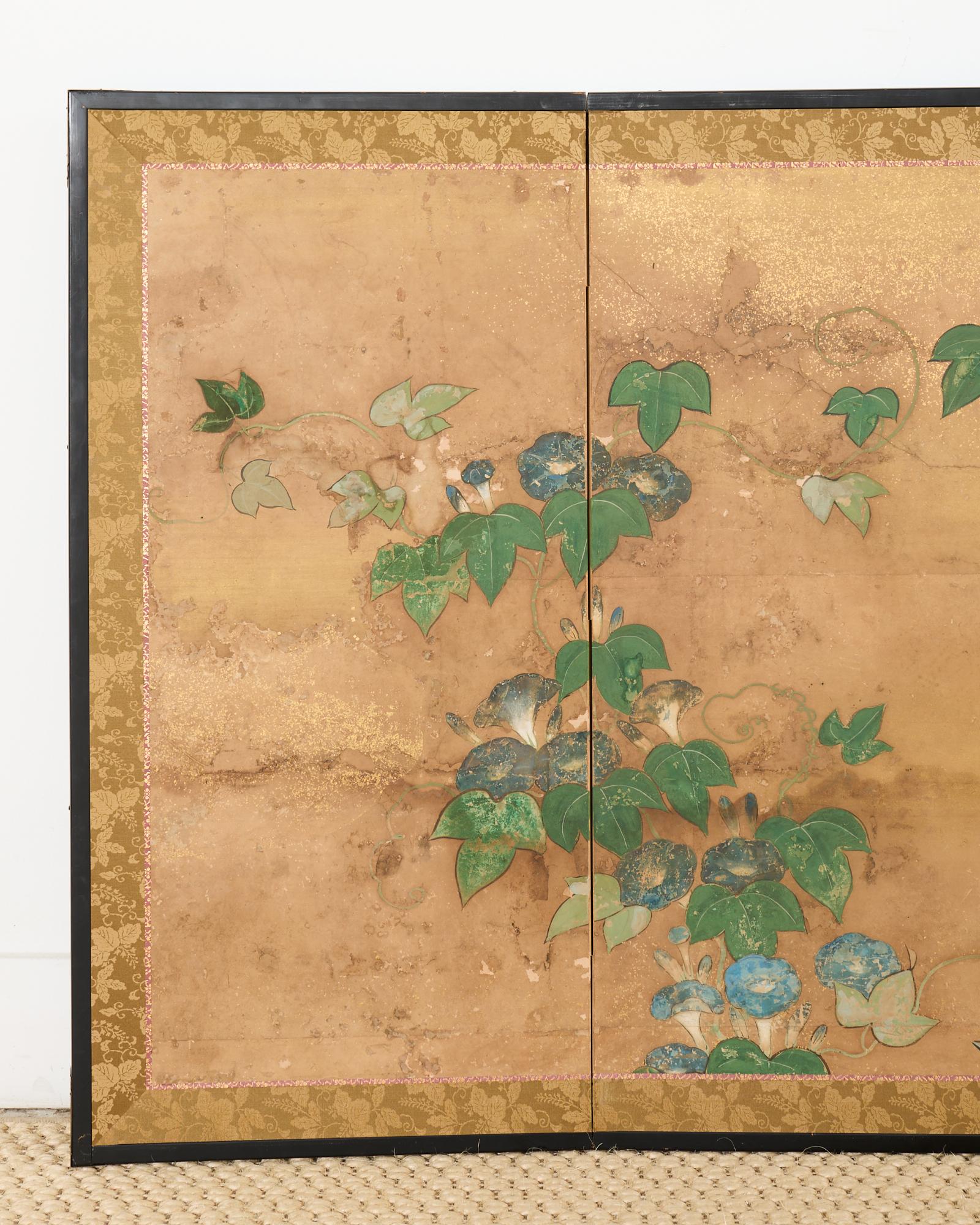 Biombo japonés Edo de seis paneles Floración Morning Glory Hecho a mano en venta