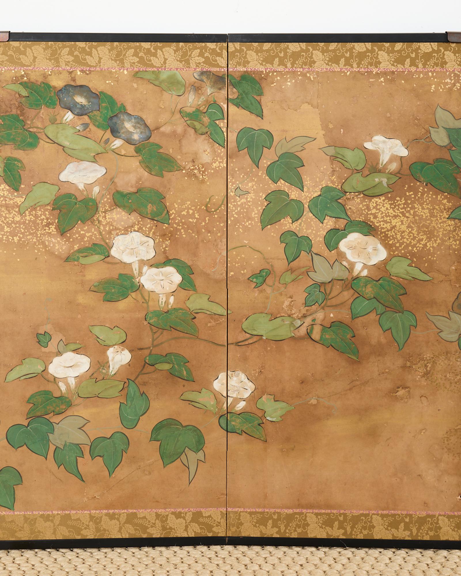 Biombo japonés Edo de seis paneles Floración Morning Glory en Desgastado estado para la venta en Rio Vista, CA