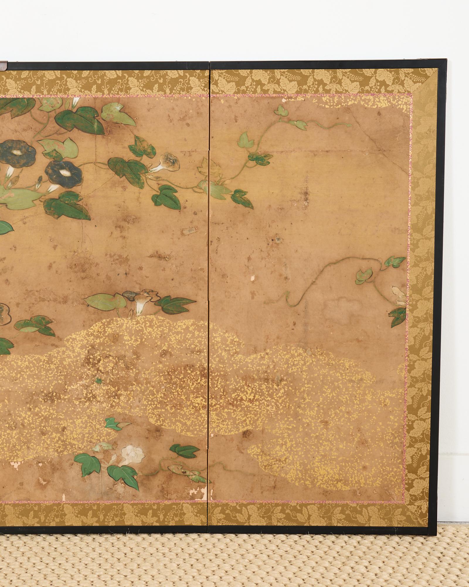 Biombo japonés Edo de seis paneles Floración Morning Glory siglo XIX en venta