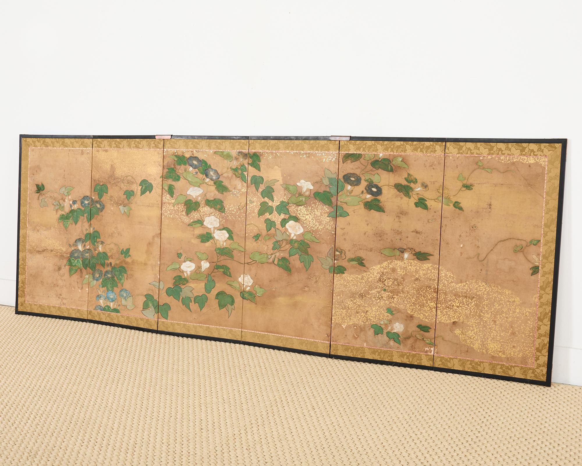 Biombo japonés Edo de seis paneles Floración Morning Glory Latón en venta