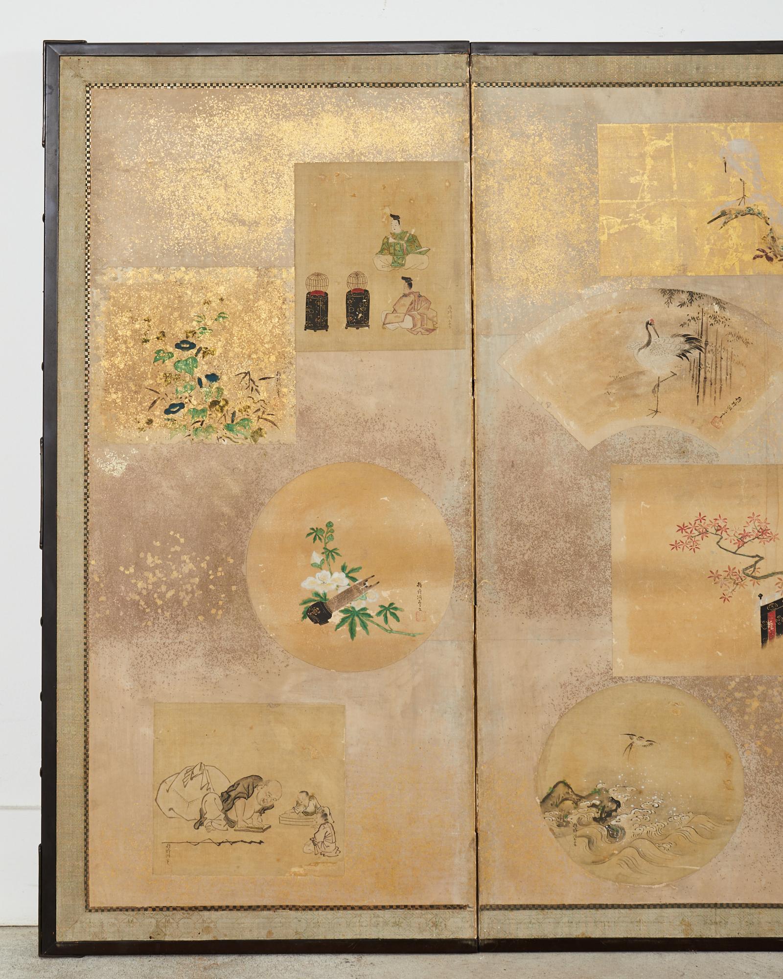 Hand-Crafted Japanese Edo Six Panel Screen Kano School Applied Vignettes For Sale