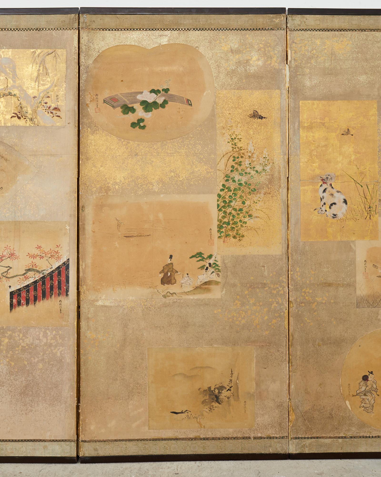 Japanese Edo Six Panel Screen Kano School Applied Vignettes In Distressed Condition For Sale In Rio Vista, CA