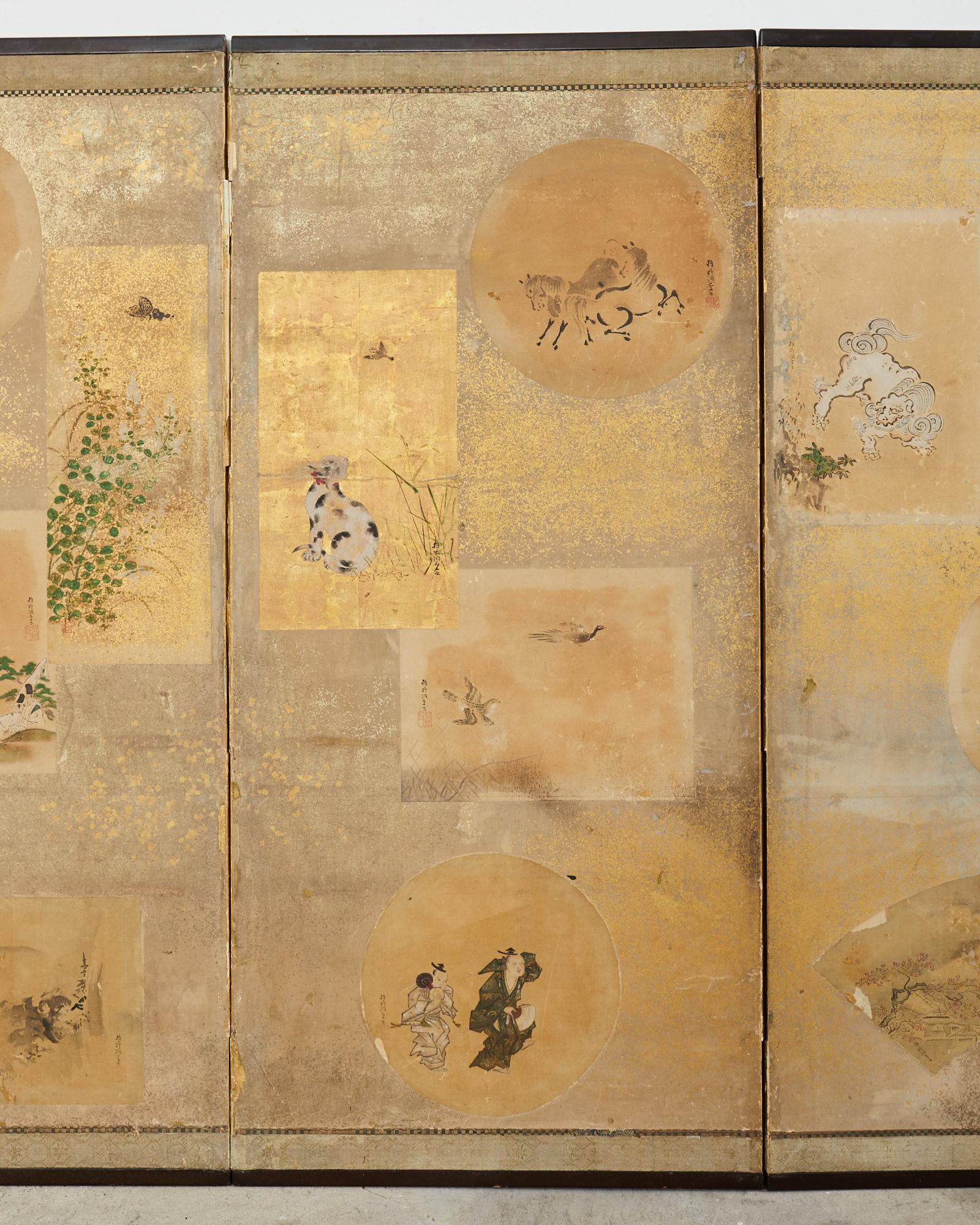 18th Century and Earlier Japanese Edo Six Panel Screen Kano School Applied Vignettes For Sale