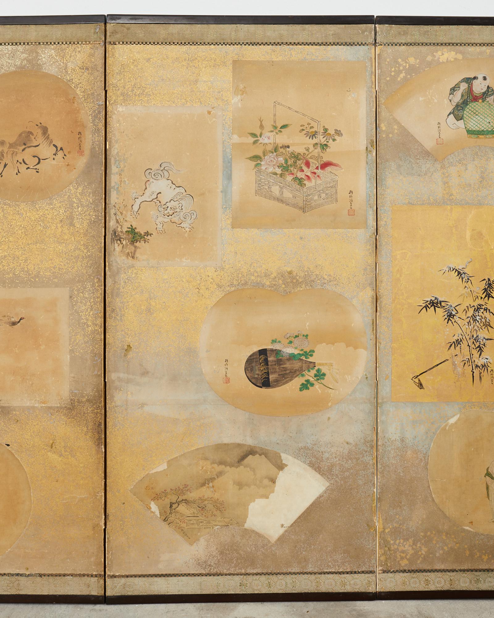 Brass Japanese Edo Six Panel Screen Kano School Applied Vignettes For Sale