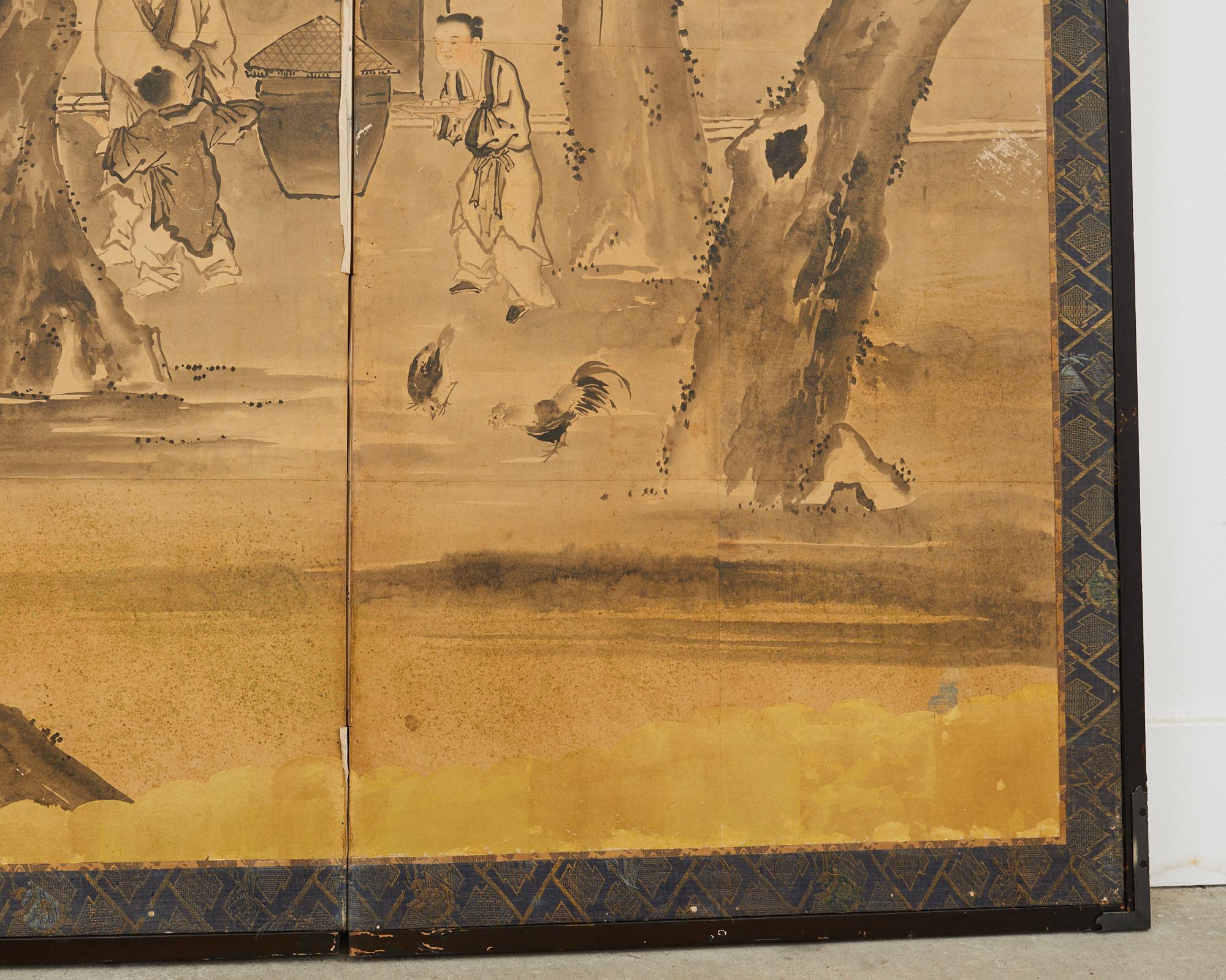 Japanese Edo Six Panel Screen Merrymaking in the Chinese Countryside For Sale 11