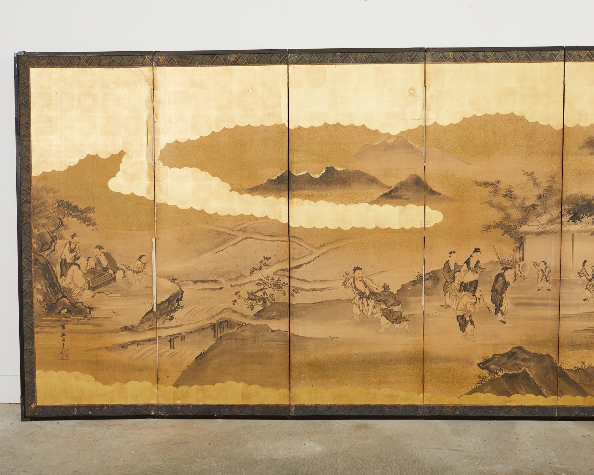 Hand-Crafted Japanese Edo Six Panel Screen Merrymaking in the Chinese Countryside For Sale