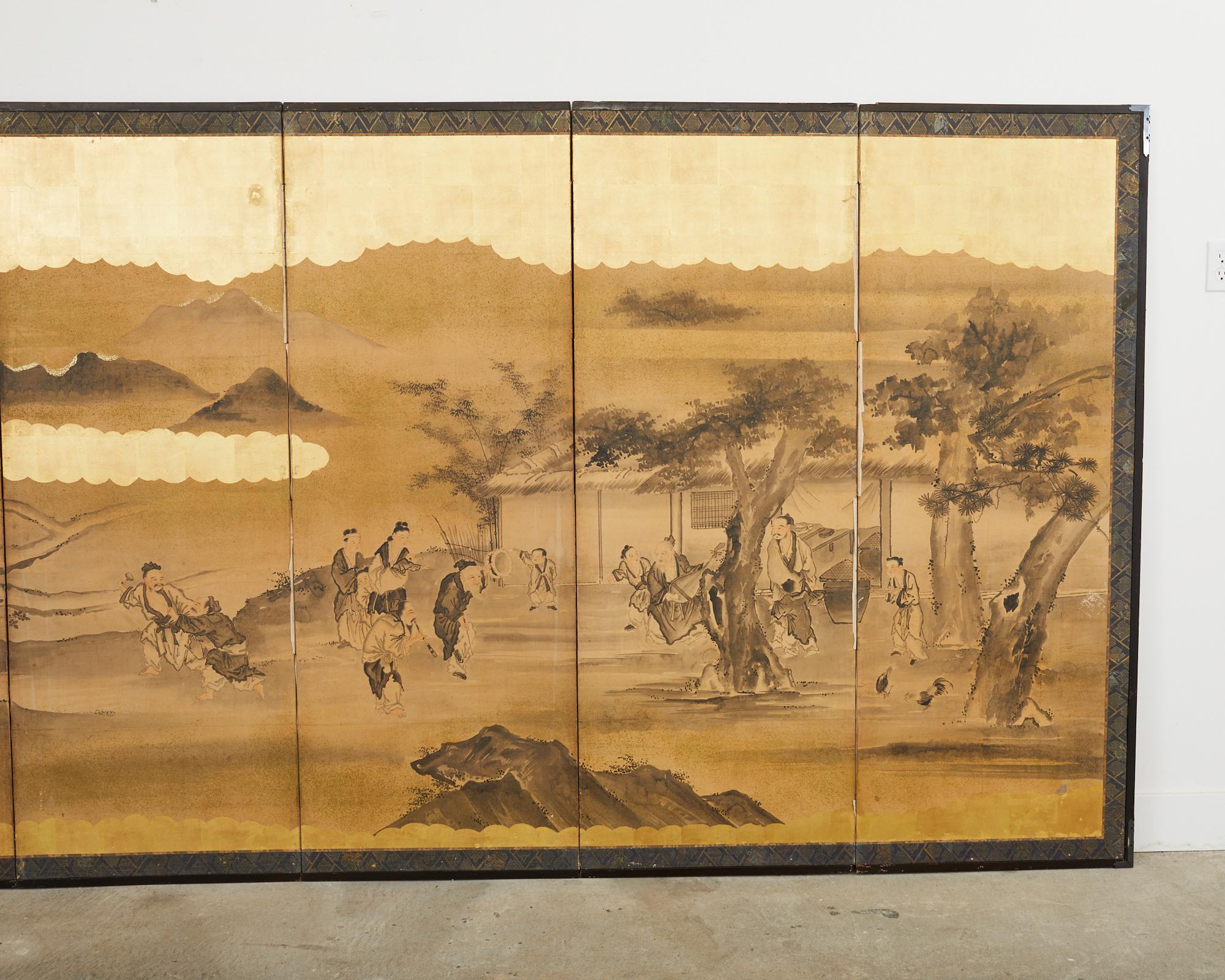 Japanese Edo Six Panel Screen Merrymaking in the Chinese Countryside In Distressed Condition For Sale In Rio Vista, CA