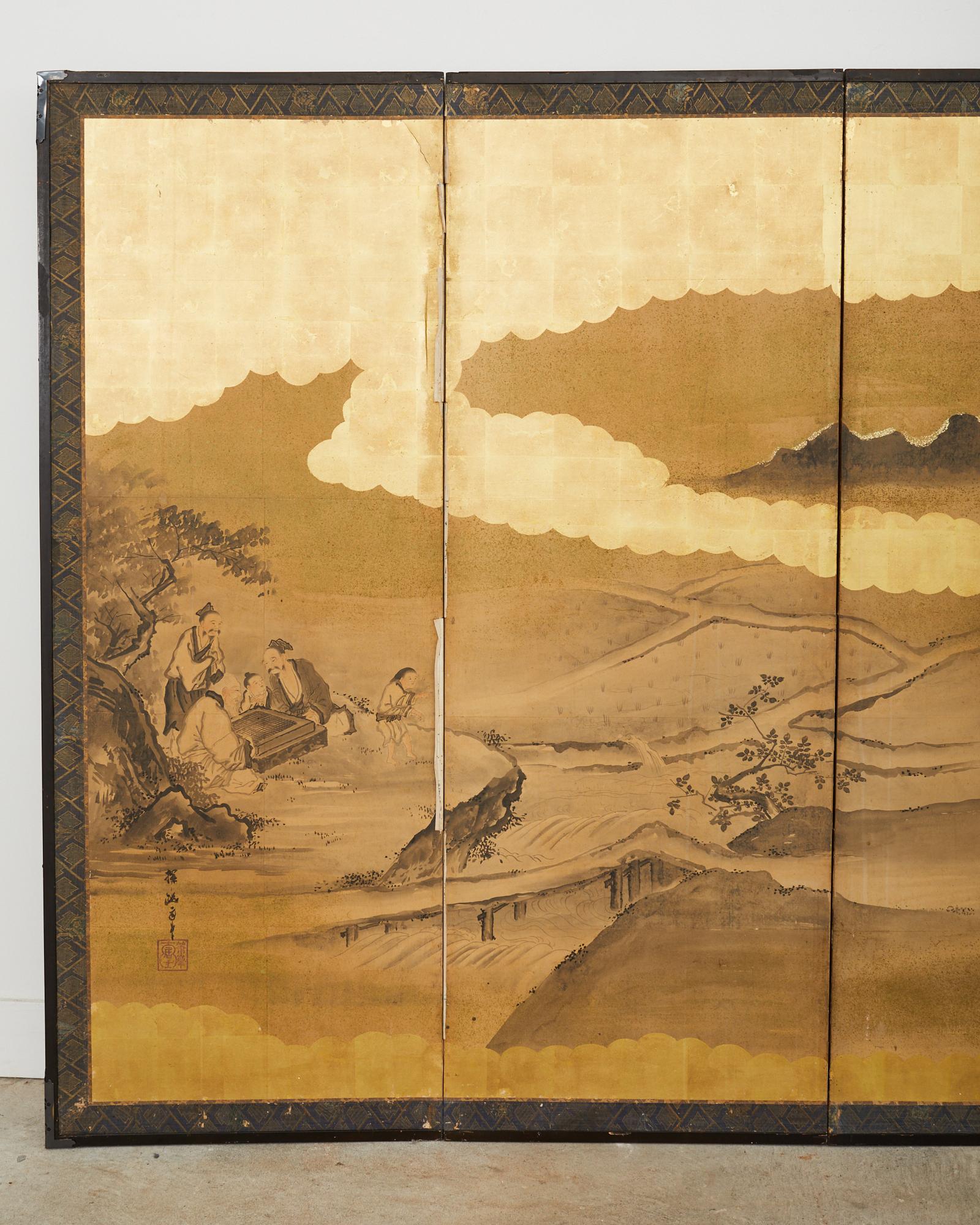 19th Century Japanese Edo Six Panel Screen Merrymaking in the Chinese Countryside For Sale