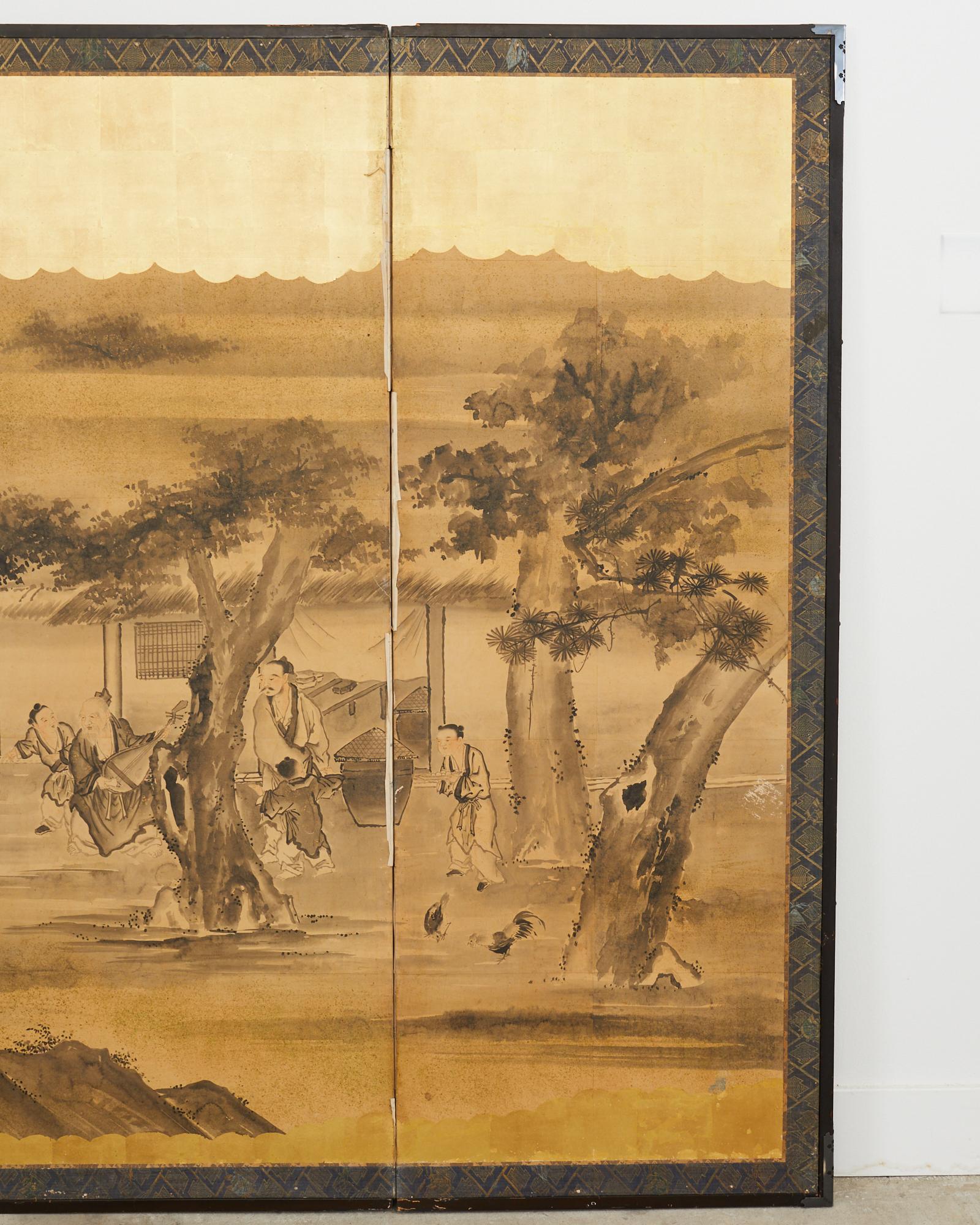 Silk Japanese Edo Six Panel Screen Merrymaking in the Chinese Countryside For Sale