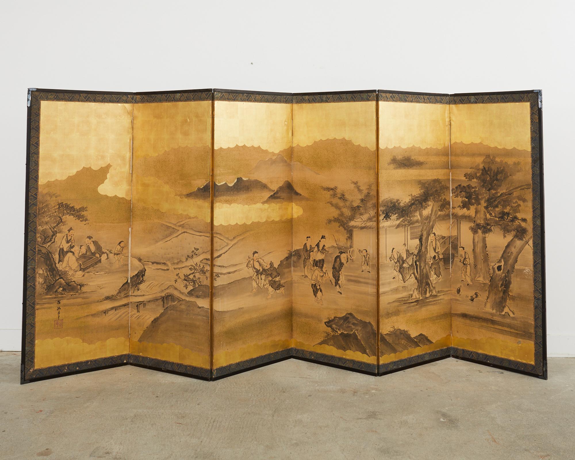 Japanese Edo Six Panel Screen Merrymaking in the Chinese Countryside For Sale 2