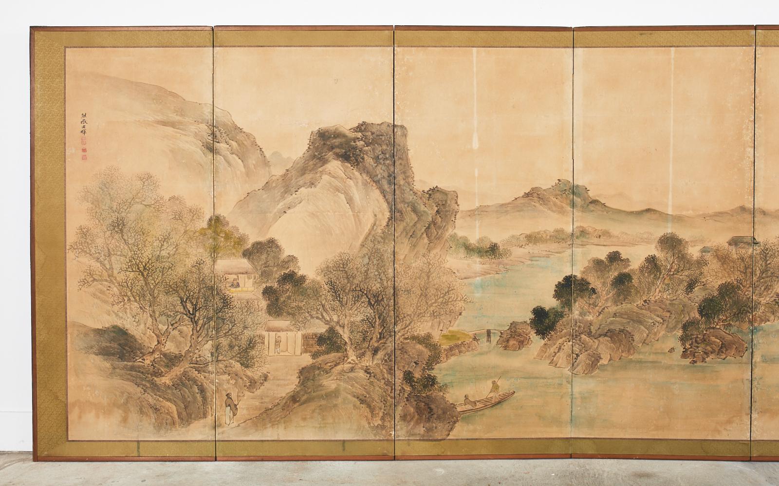 Hand-Crafted Japanese Edo Six Panel Screen Nanga School Landscape