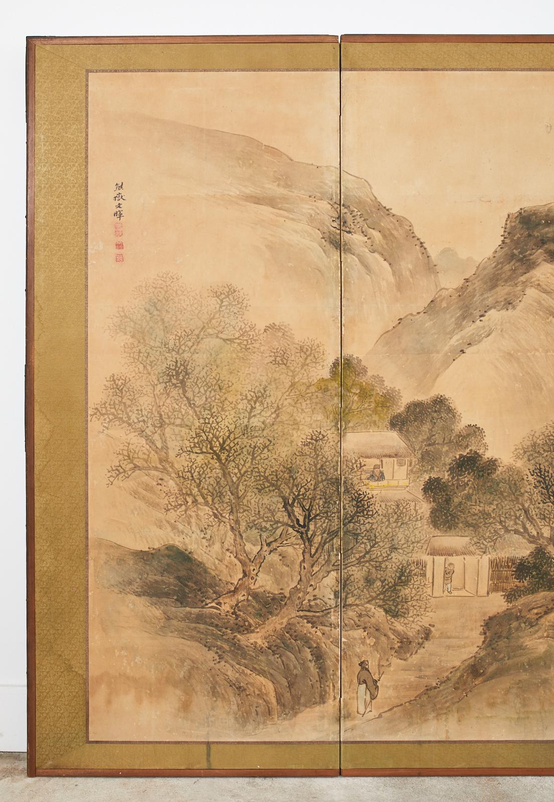 19th Century Japanese Edo Six Panel Screen Nanga School Landscape