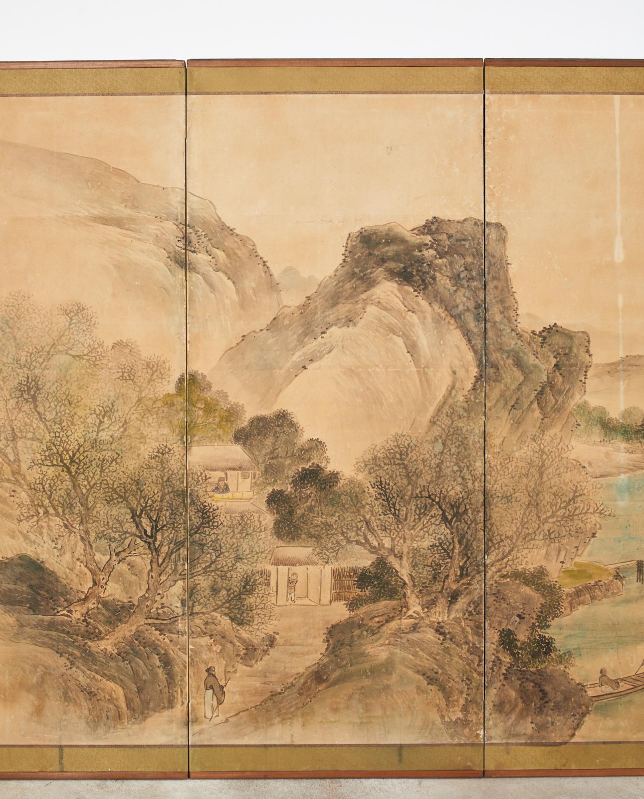Silk Japanese Edo Six Panel Screen Nanga School Landscape
