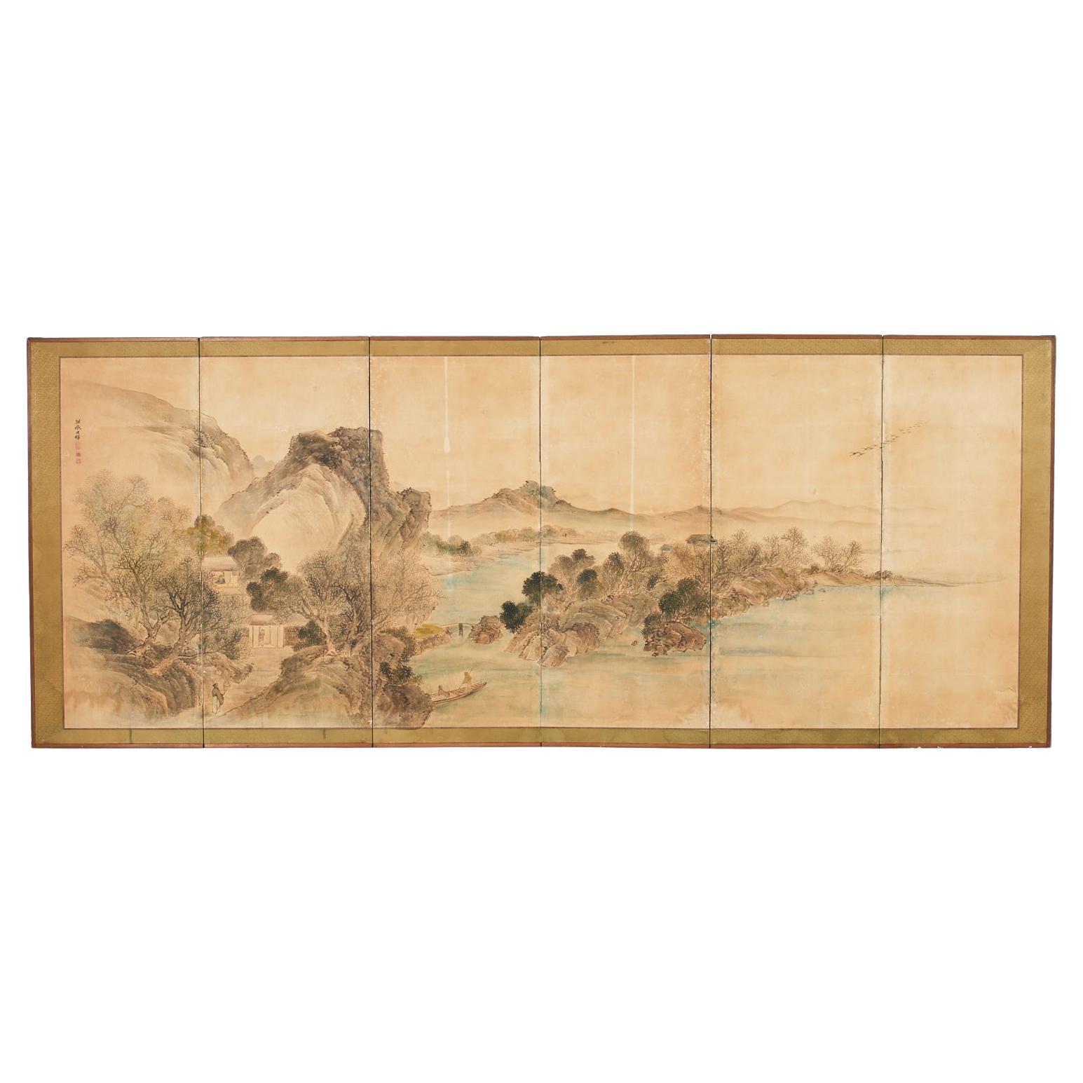 Japanese Edo Six Panel Screen Nanga School Landscape