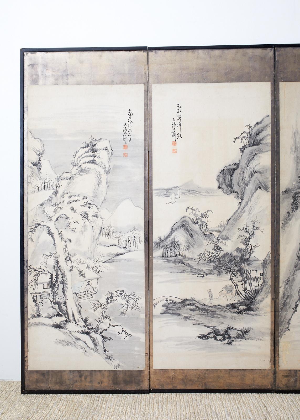 Impressive and large Japanese 19th century late Edo period six panel screen of mountain landscapes with figures. Each panel is presented with five character Chinese seasonal titles, and artist signature 