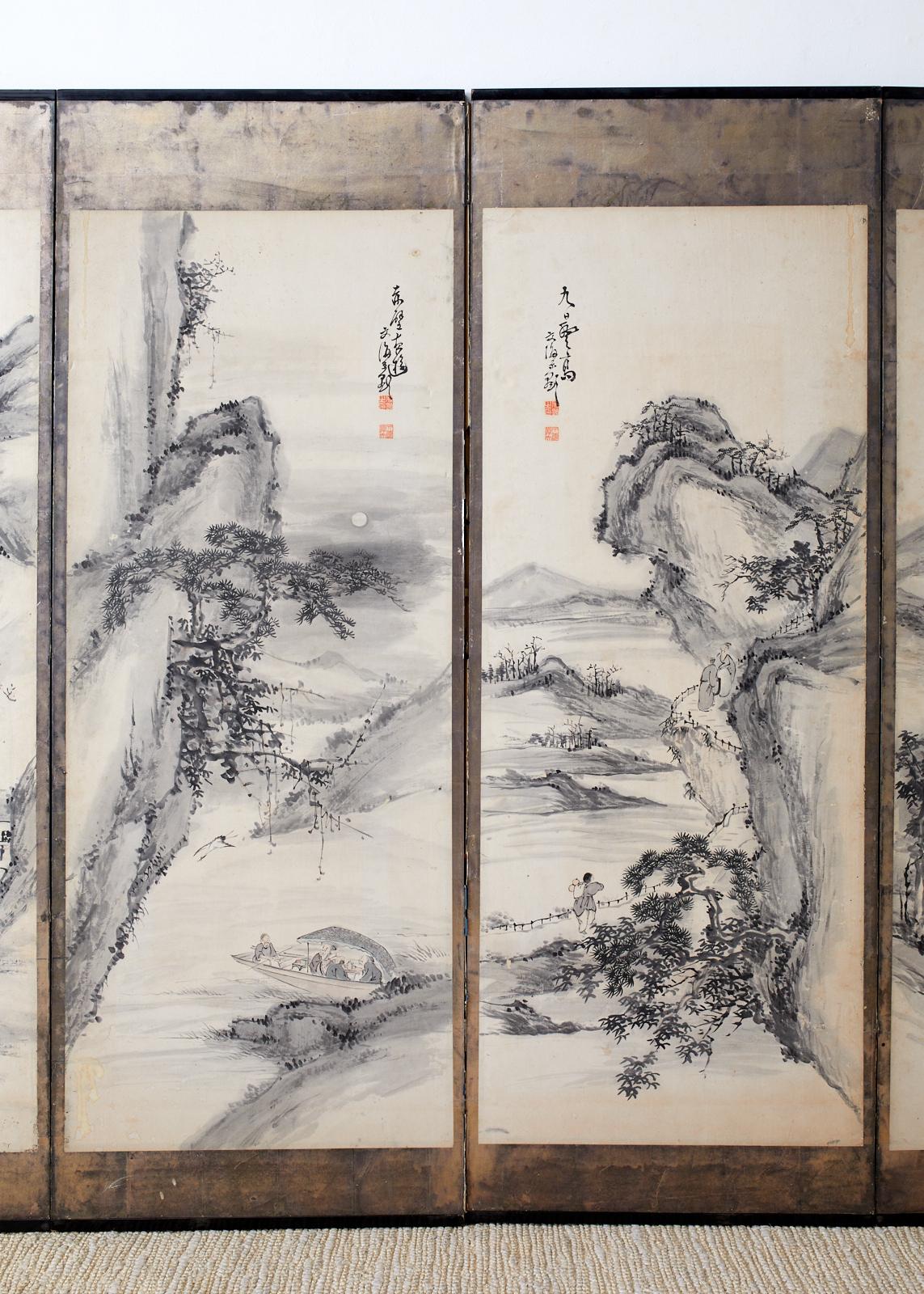 Hand-Crafted Japanese Edo Six-Panel Screen of Mountain Landscapes