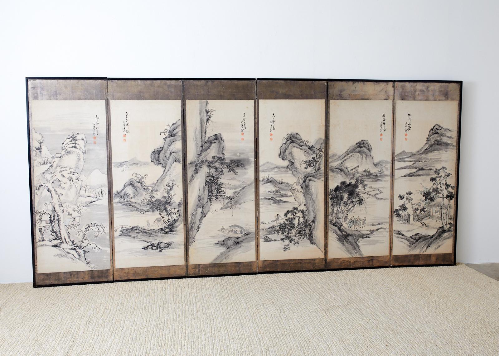 19th Century Japanese Edo Six-Panel Screen of Mountain Landscapes