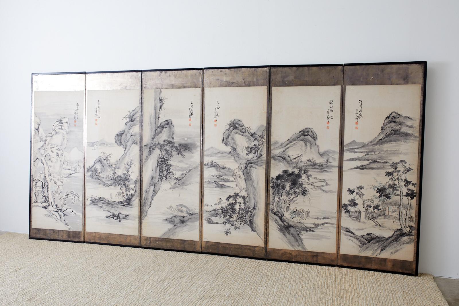 Japanese Edo Six-Panel Screen of Mountain Landscapes 1