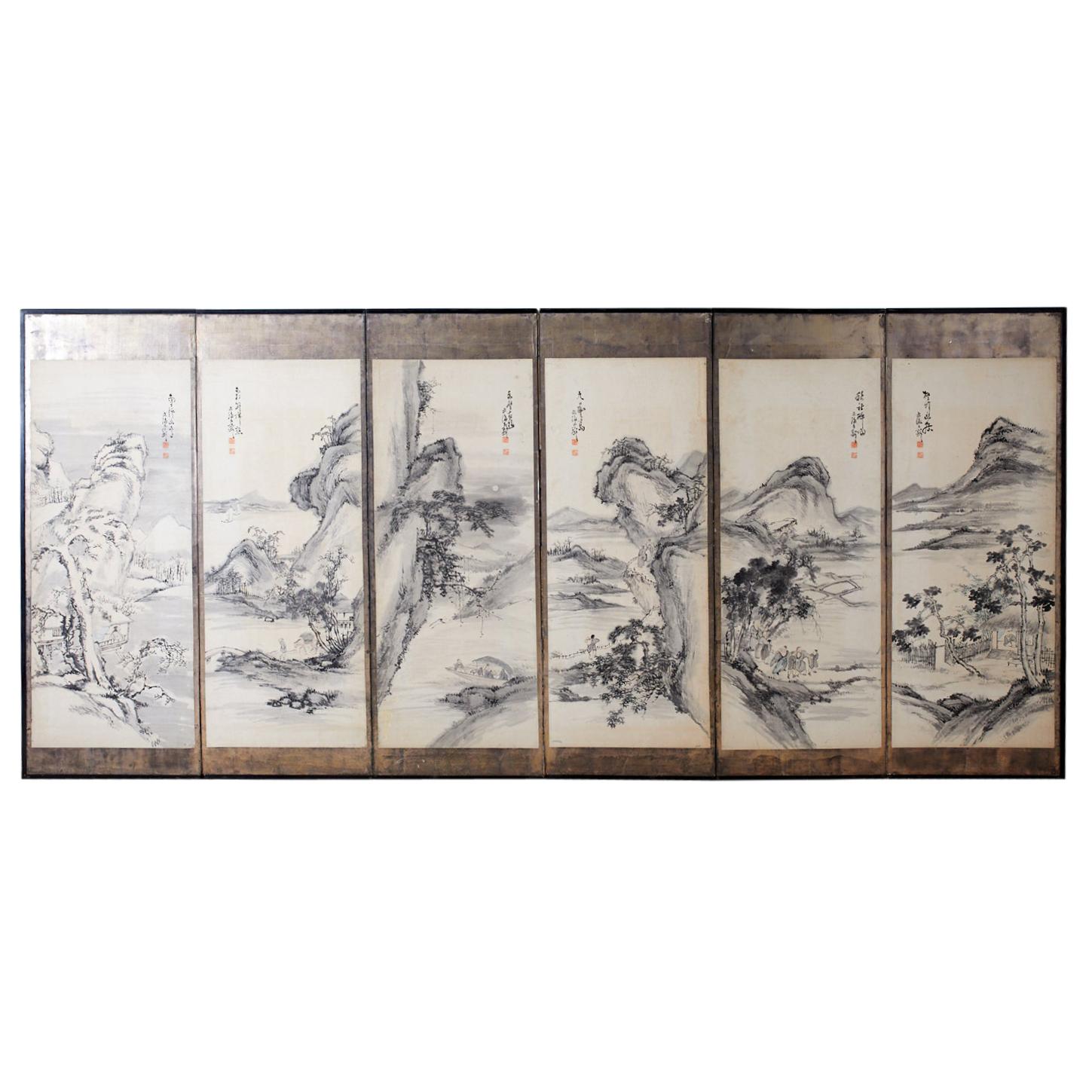 Japanese Edo Six-Panel Screen of Mountain Landscapes