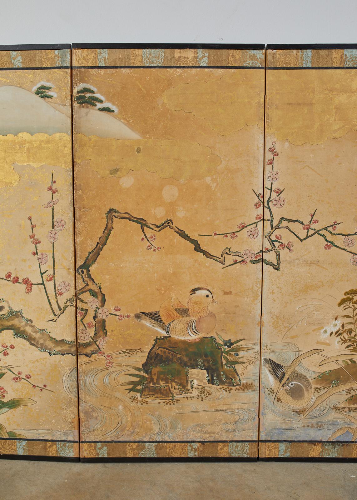 Japanese Edo Six-Panel Screen Seasonal Winter Landscape In Fair Condition In Rio Vista, CA