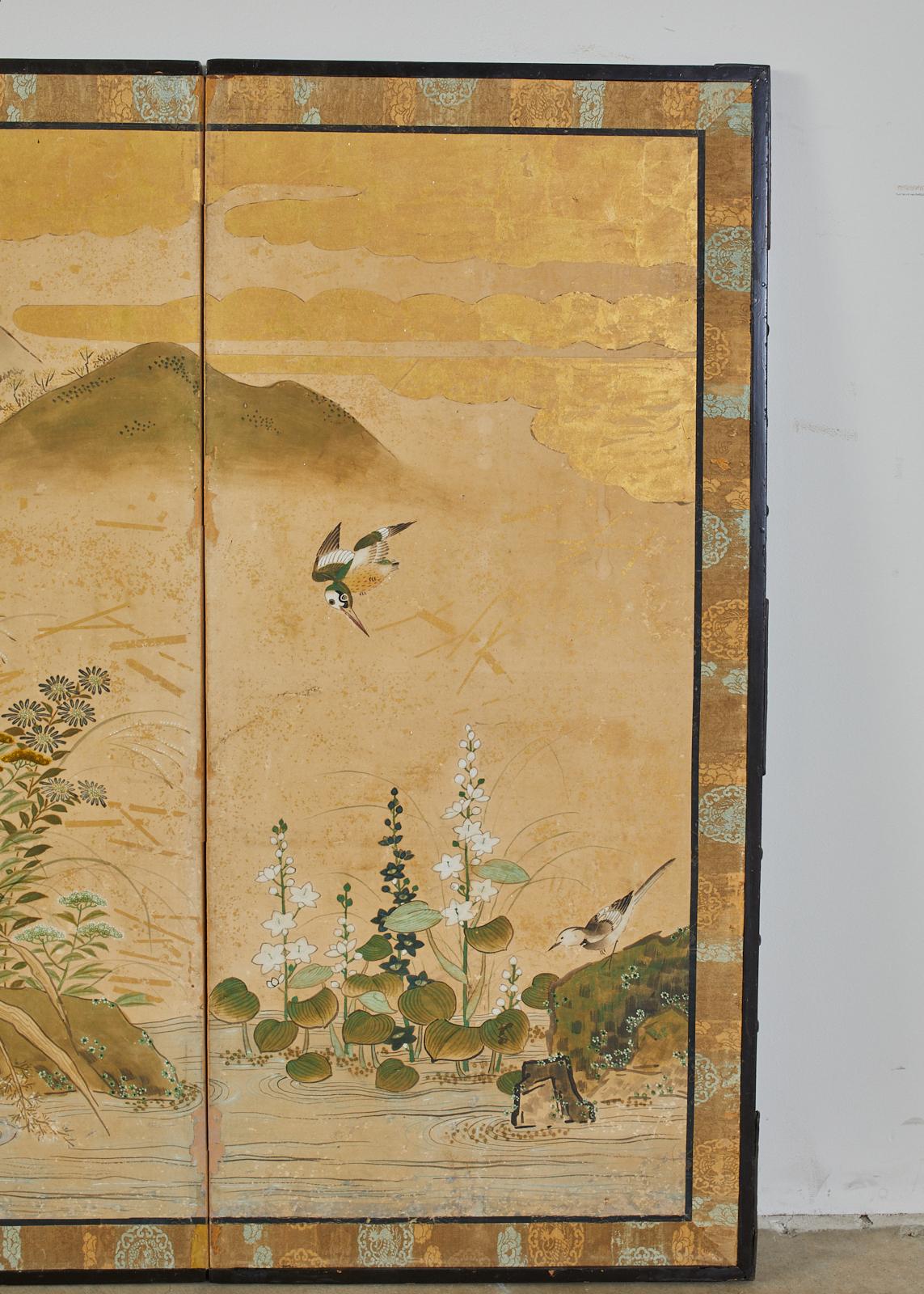 Silk Japanese Edo Six-Panel Screen Seasonal Winter Landscape
