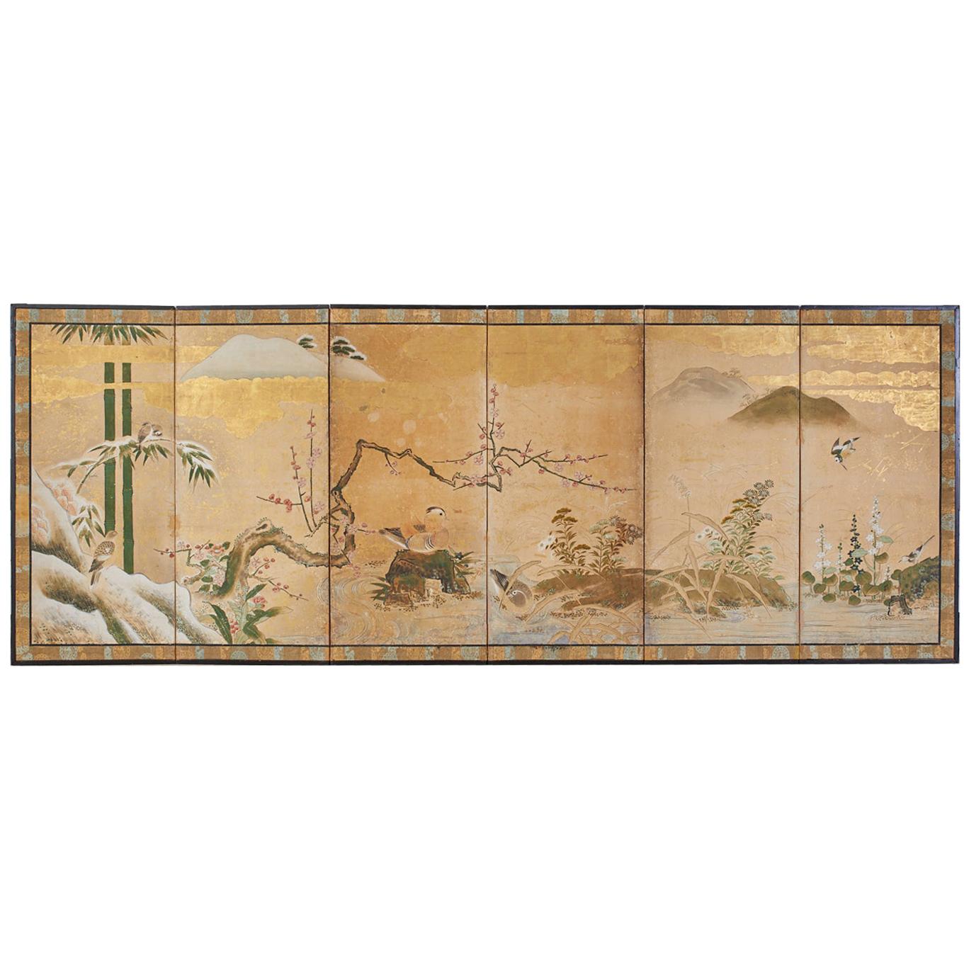 Japanese Edo Six-Panel Screen Seasonal Winter Landscape