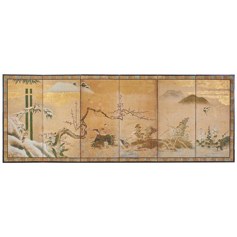 Japanese Edo Six-Panel Screen Seasonal Winter Landscape For Sale