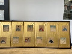 Japanese Edo Six-Panel Screen with Poetry & Court Figures, circa 1800