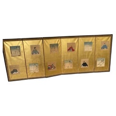 Japanese Edo Six-Panel Screen with Poetry & Court Figures, circa 1800