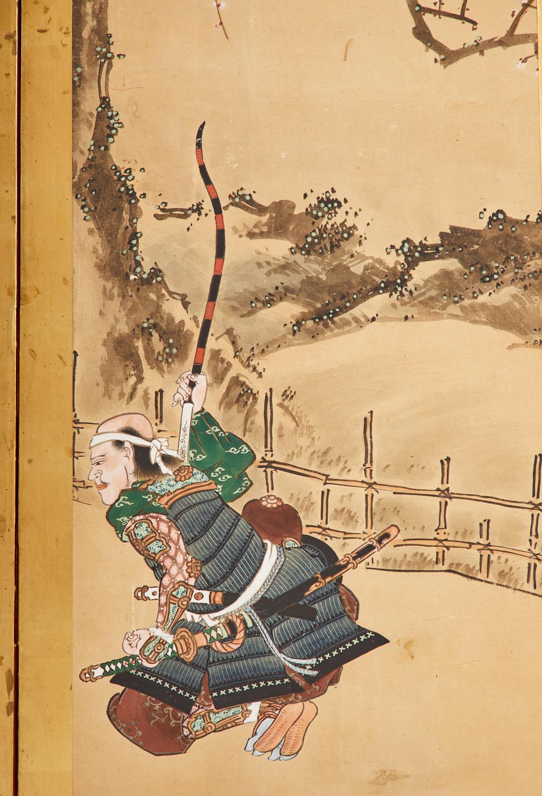Paravent japonais Edo à six panneaux Yoshitsune et Benkei en vente 5