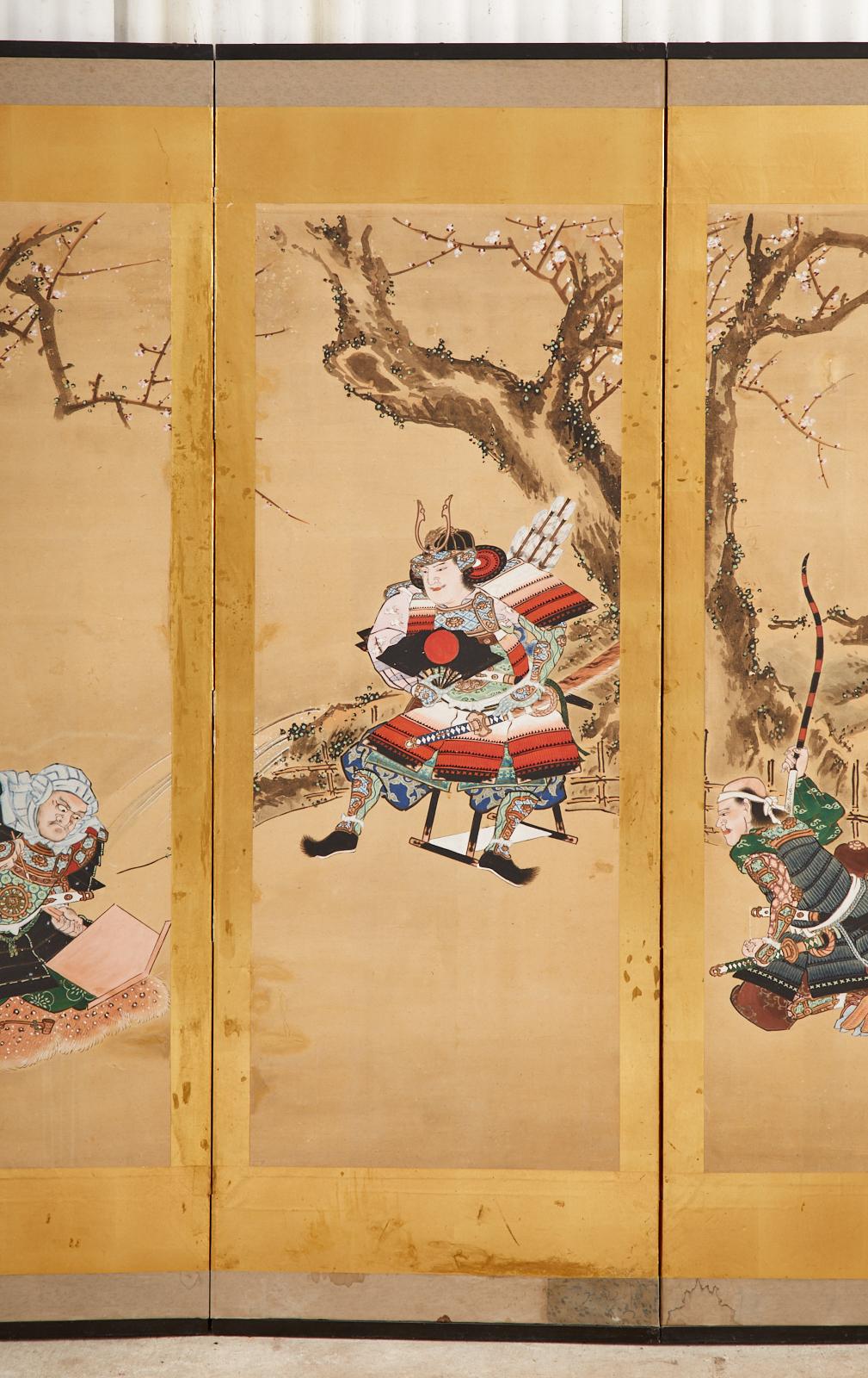 Japanese Edo Six Panel Screen Yoshitsune and Benkei In Fair Condition For Sale In Rio Vista, CA