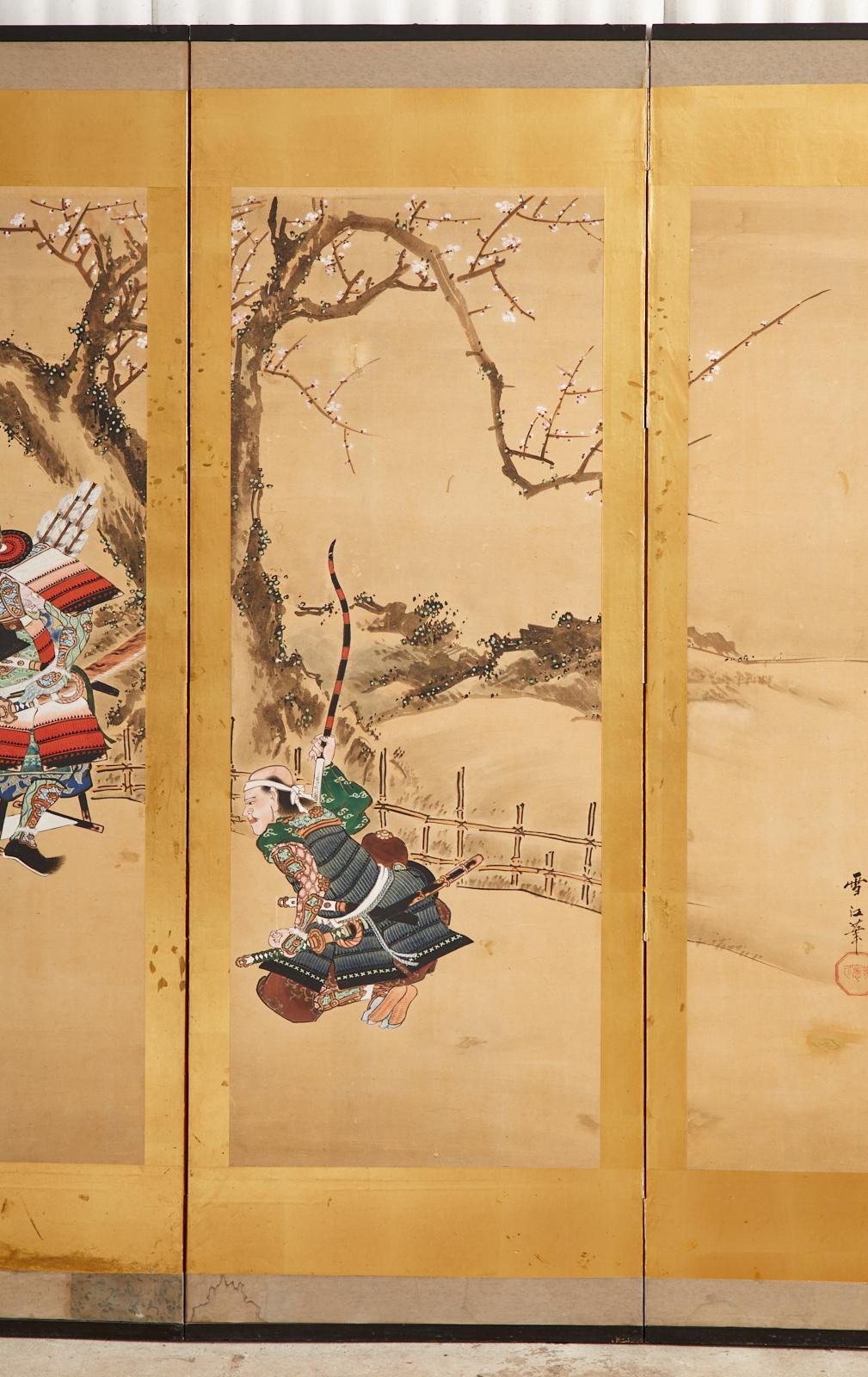19th Century Japanese Edo Six Panel Screen Yoshitsune and Benkei For Sale