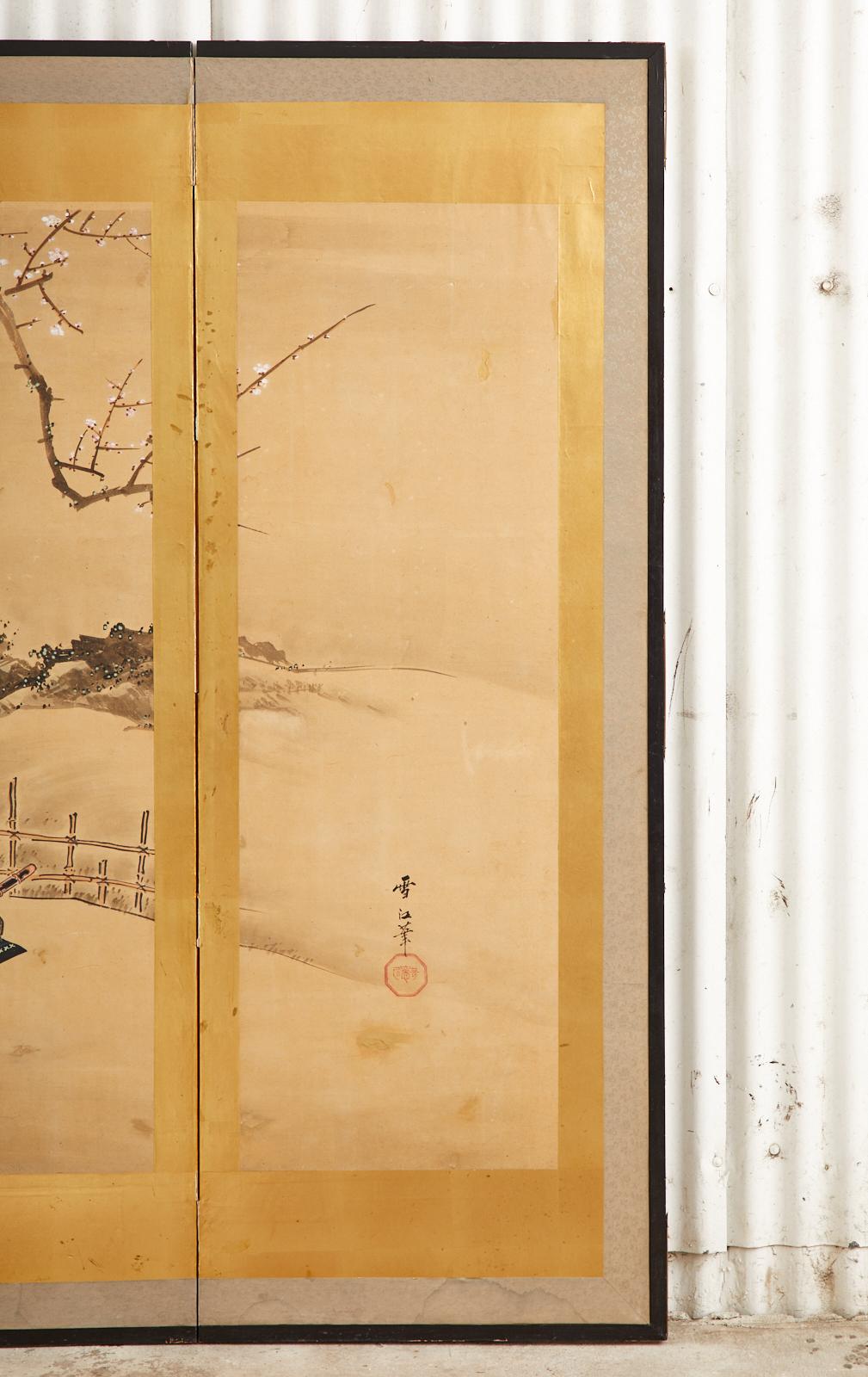 Wood Japanese Edo Six Panel Screen Yoshitsune and Benkei For Sale
