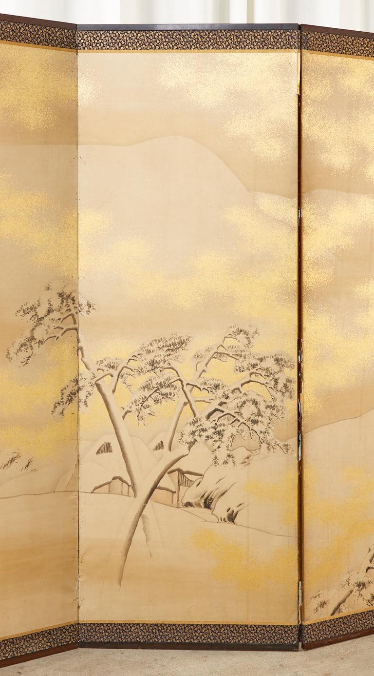 Japanese Edo Six Panel Shijo Screen Snowy Winter Landscape For Sale 7