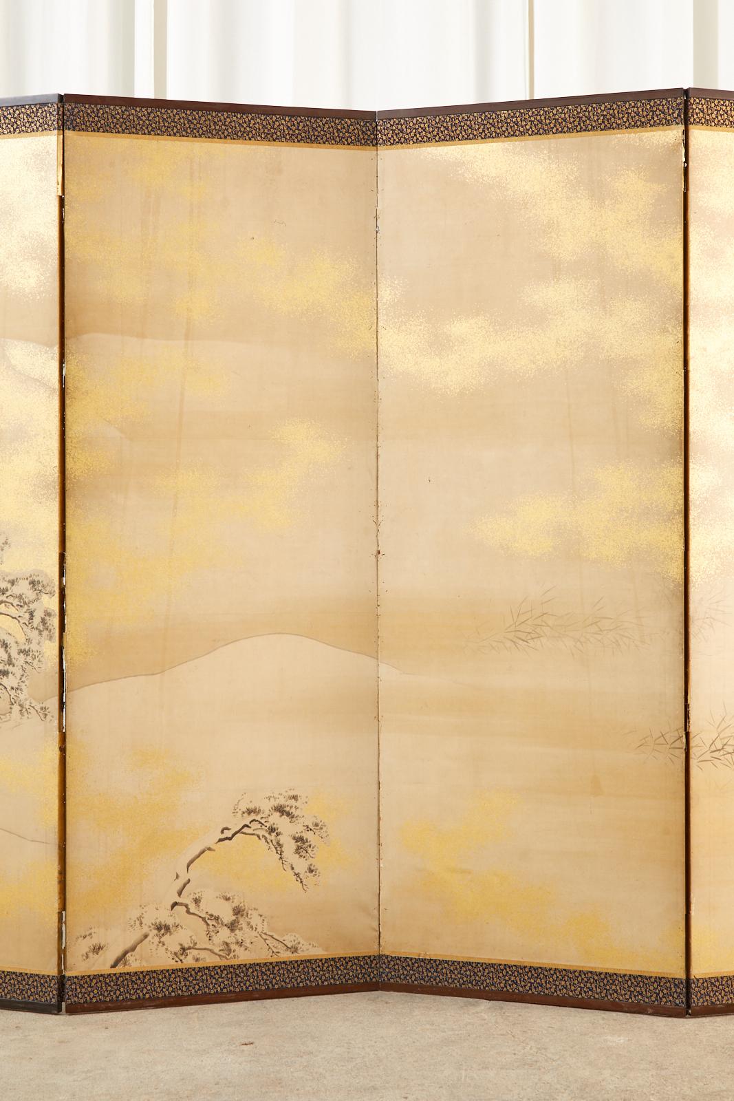 Hand-Crafted Japanese Edo Six Panel Shijo Screen Snowy Winter Landscape