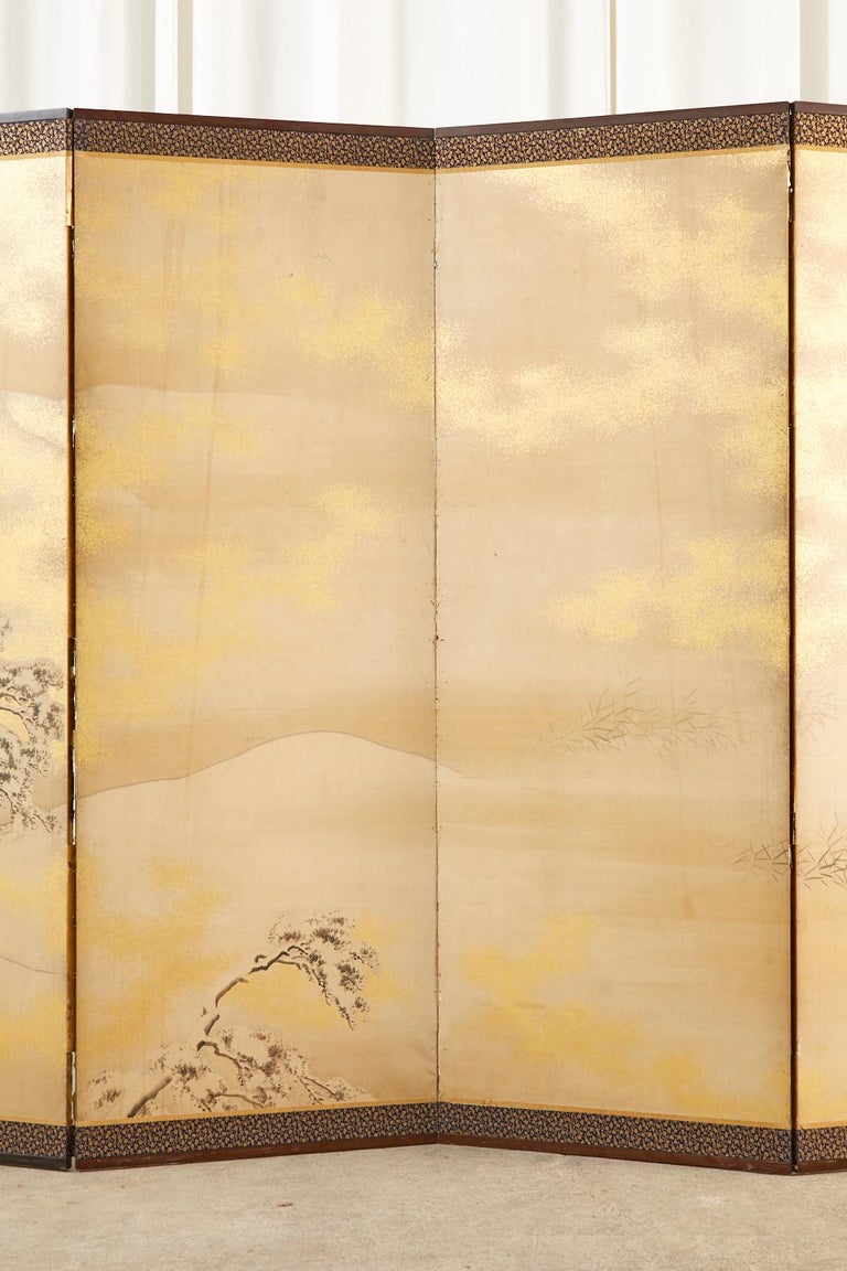 Hand-Crafted Japanese Edo Six Panel Shijo Screen Snowy Winter Landscape For Sale