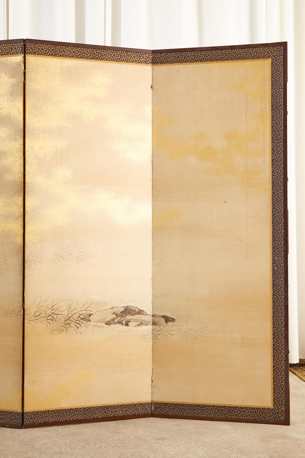 Japanese Edo Six Panel Shijo Screen Snowy Winter Landscape In Fair Condition In Rio Vista, CA