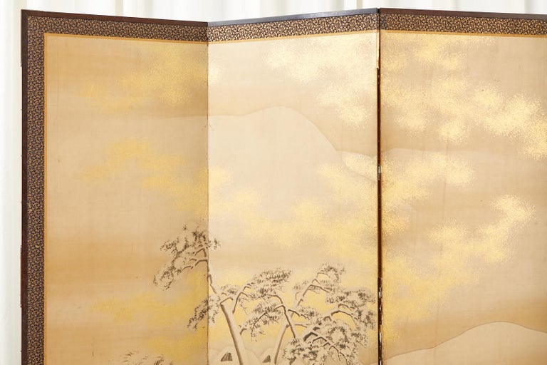 19th Century Japanese Edo Six Panel Shijo Screen Snowy Winter Landscape For Sale