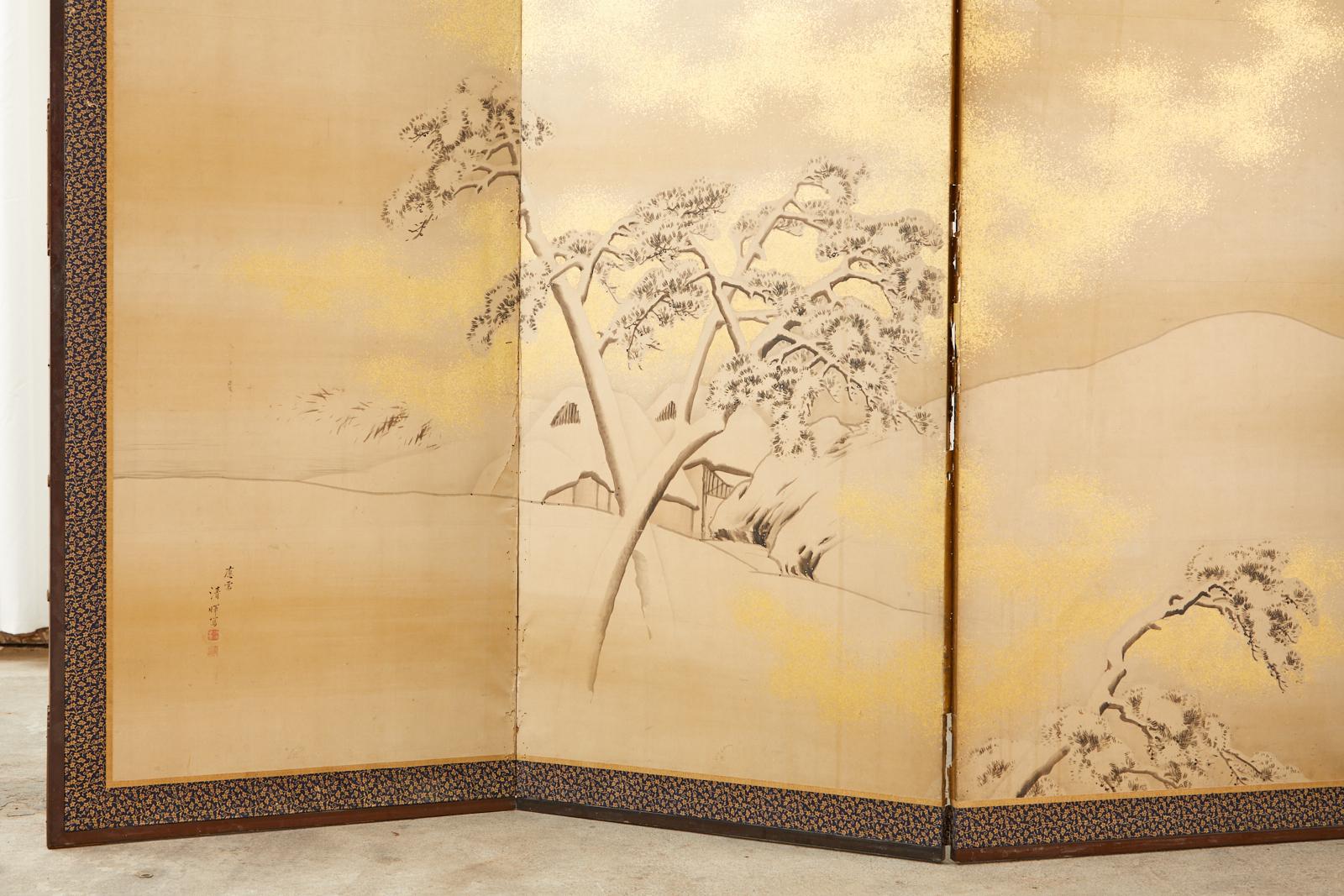 Wood Japanese Edo Six Panel Shijo Screen Snowy Winter Landscape
