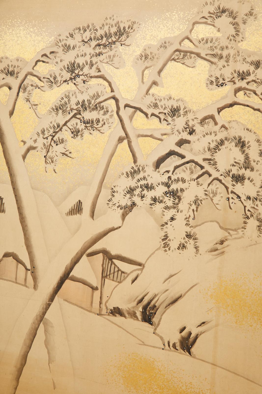 Japanese Edo Six Panel Shijo Screen Snowy Winter Landscape 1