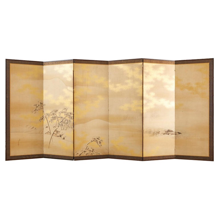 Japanese Edo Six Panel Shijo Screen Snowy Winter Landscape For Sale