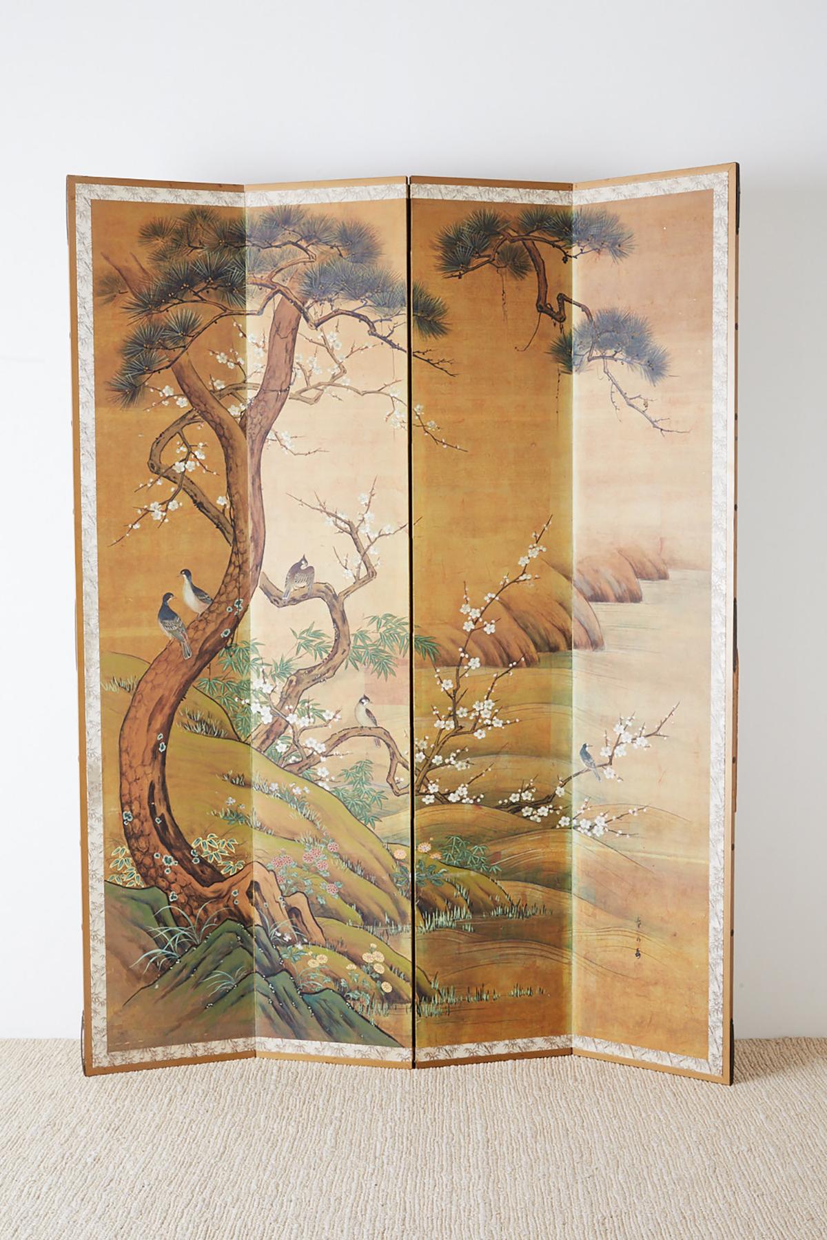 Etched Japanese Edo Style Four-Panel Spring Landscape Screen