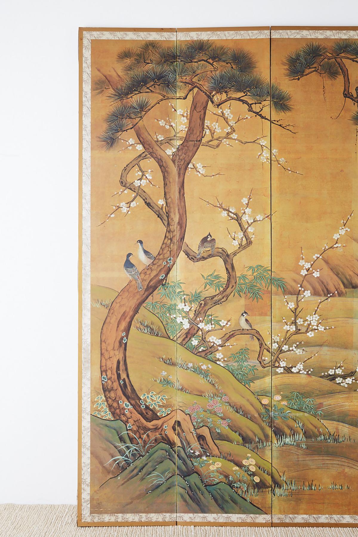 Japanese Edo Style Four-Panel Spring Landscape Screen In Good Condition In Rio Vista, CA